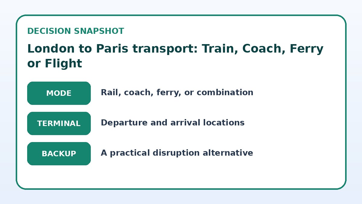 Decision guide for London to Paris transport: Train, Coach, Ferry or Flight