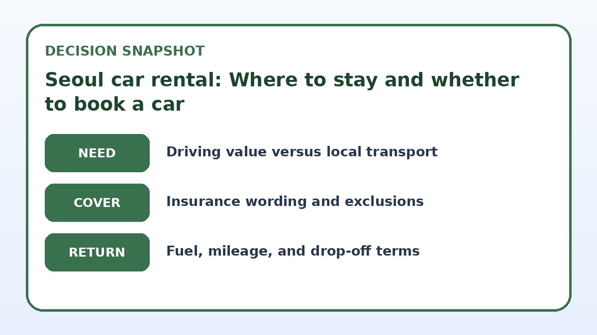 Decision guide for Seoul car rental: Where to stay and whether to book a car