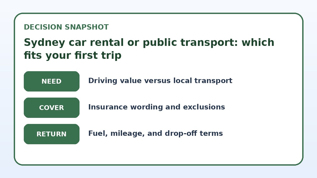 Decision guide for Sydney car rental or public transport: which fits your first trip