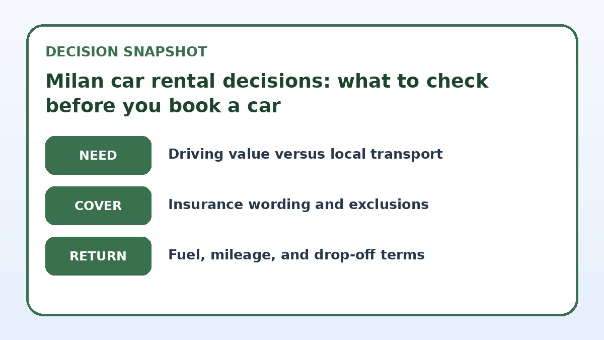 Decision guide for Milan car rental decisions: what to check before you book a car
