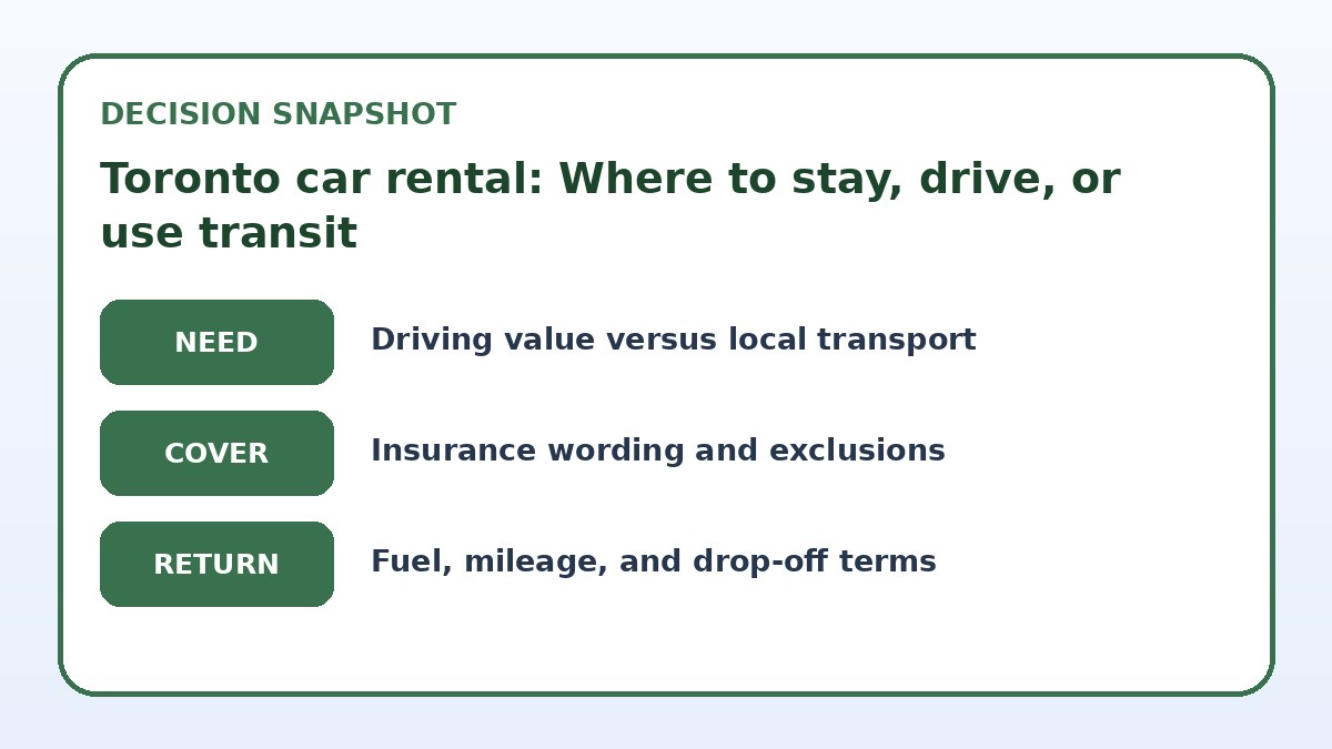 Decision guide for Toronto car rental: Where to stay, drive, or use transit