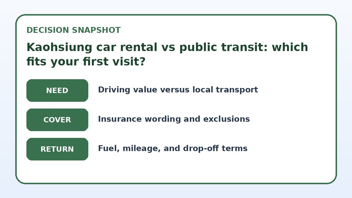 Decision guide for Kaohsiung car rental vs public transit: which fits your first visit?