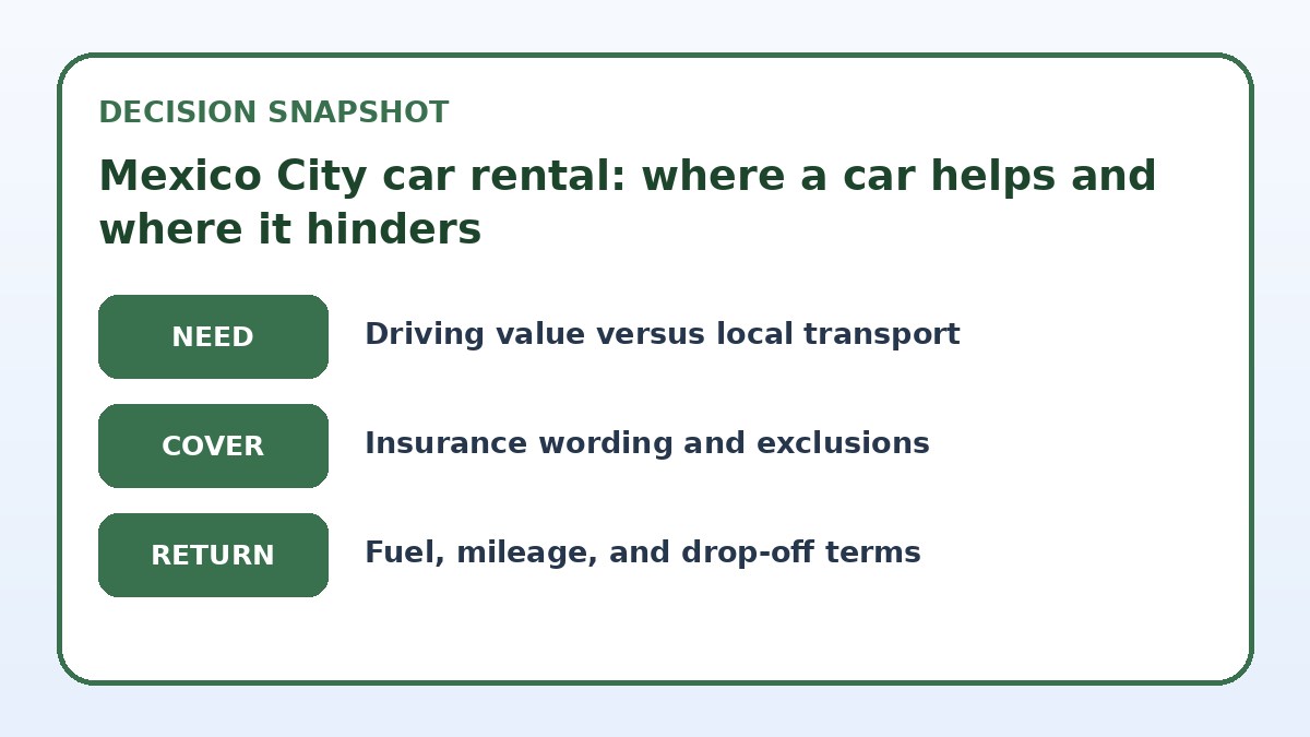 Decision guide for Mexico City car rental: where a car helps and where it hinders