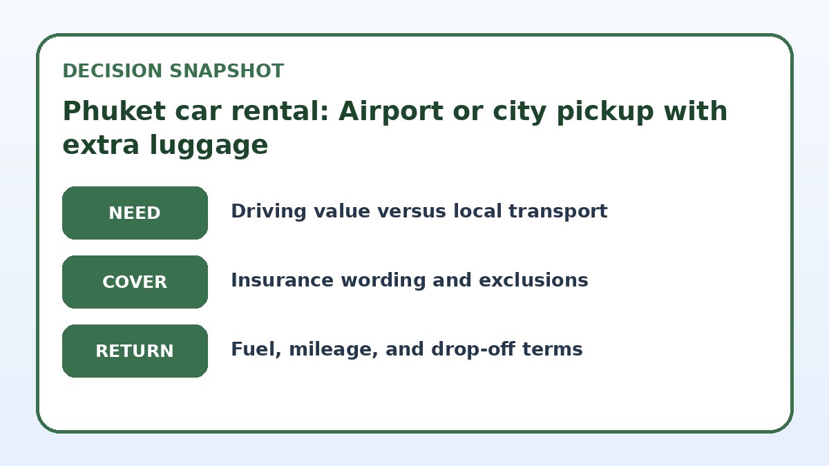 Decision guide for Phuket car rental: Airport or city pickup with extra luggage