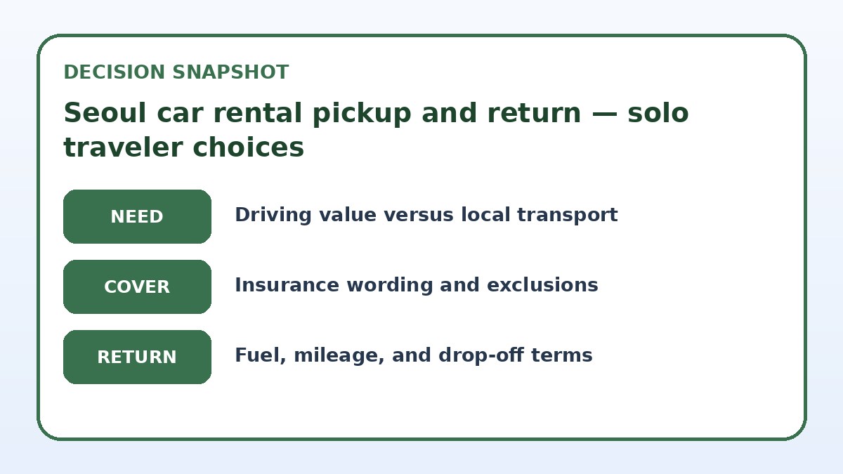 Decision guide for Seoul car rental pickup and return — solo traveler choices