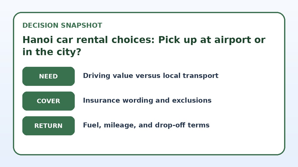Decision guide for Hanoi car rental choices: Pick up at airport or in the city?