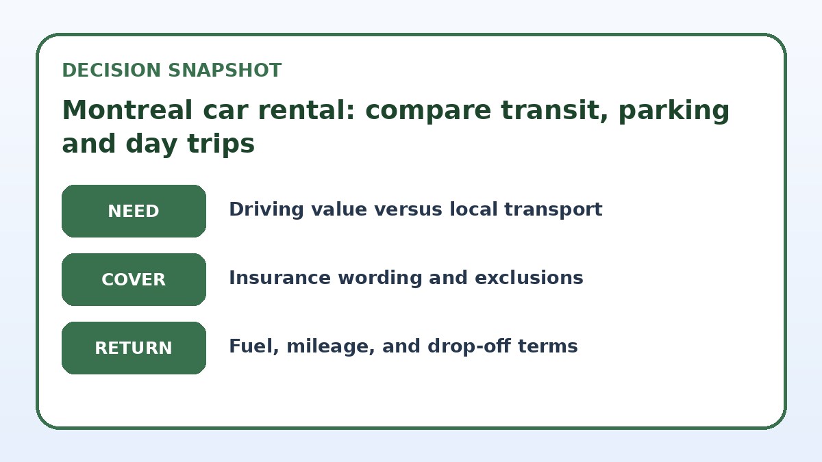 Decision guide for Montreal car rental: compare transit, parking and day trips