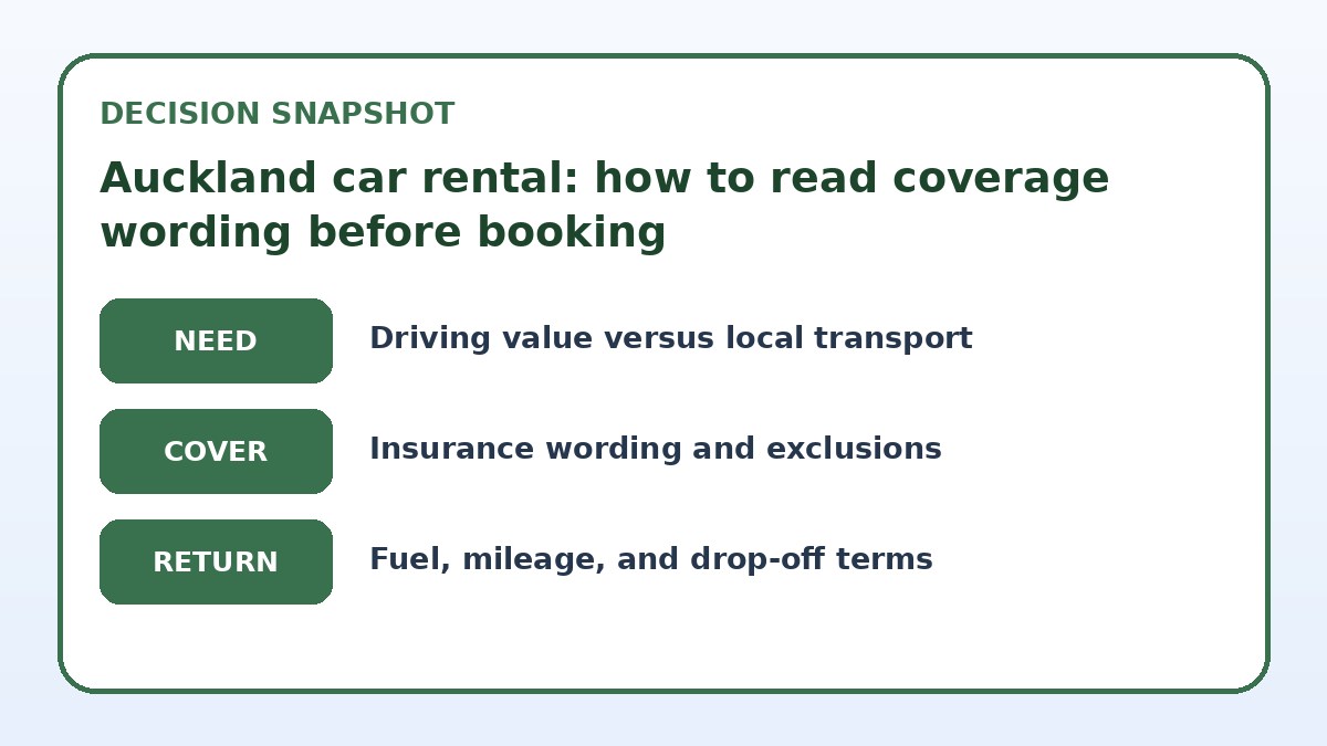 Decision guide for Auckland car rental: how to read coverage wording before booking