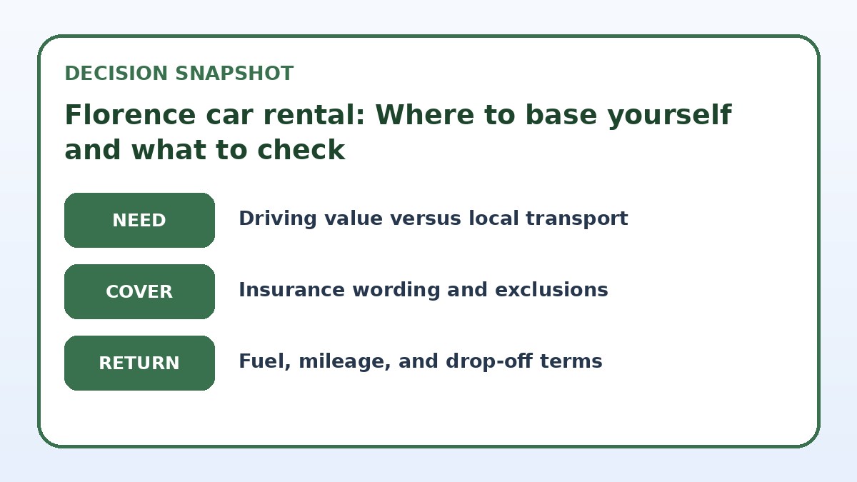Decision guide for Florence car rental: Where to base yourself and what to check
