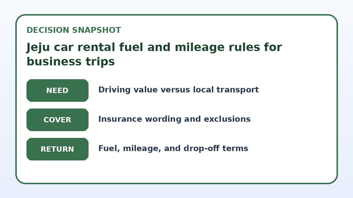Decision guide for Jeju car rental fuel and mileage rules for business trips