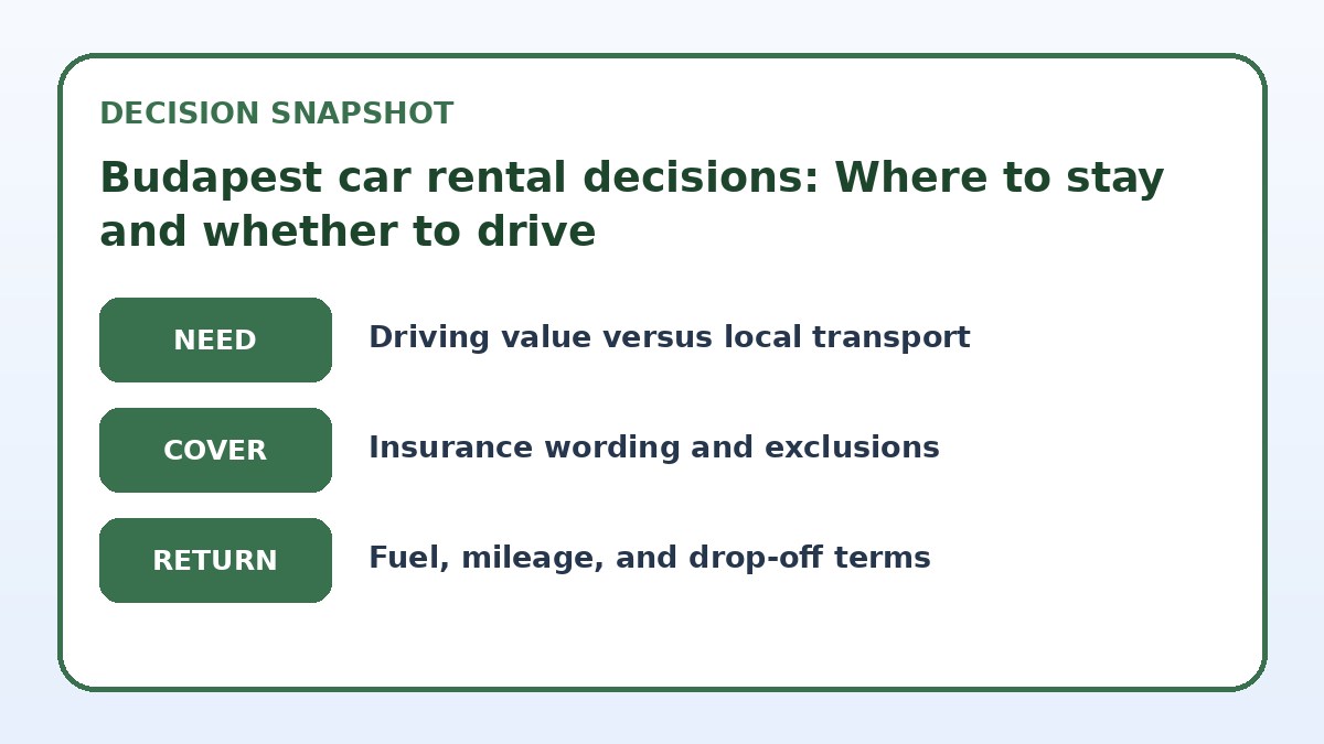 Decision guide for Budapest car rental decisions: Where to stay and whether to drive