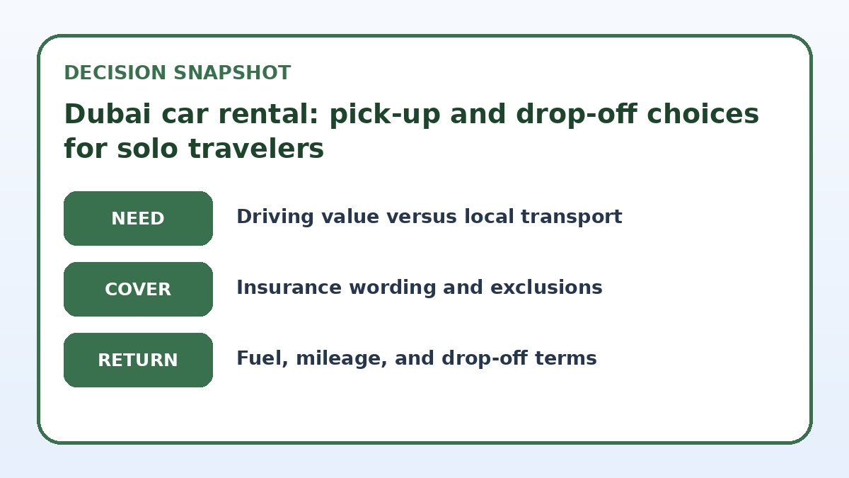 Decision guide for Dubai car rental: pick-up and drop-off choices for solo travelers