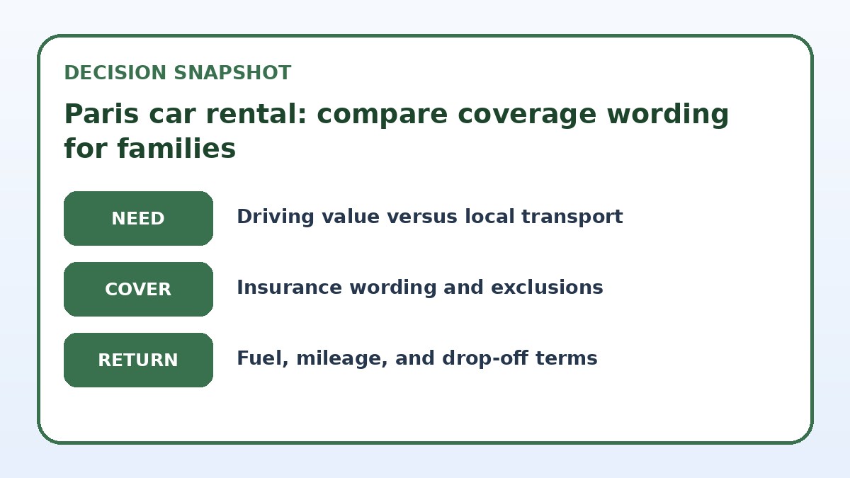 Decision guide for Paris car rental: compare coverage wording for families