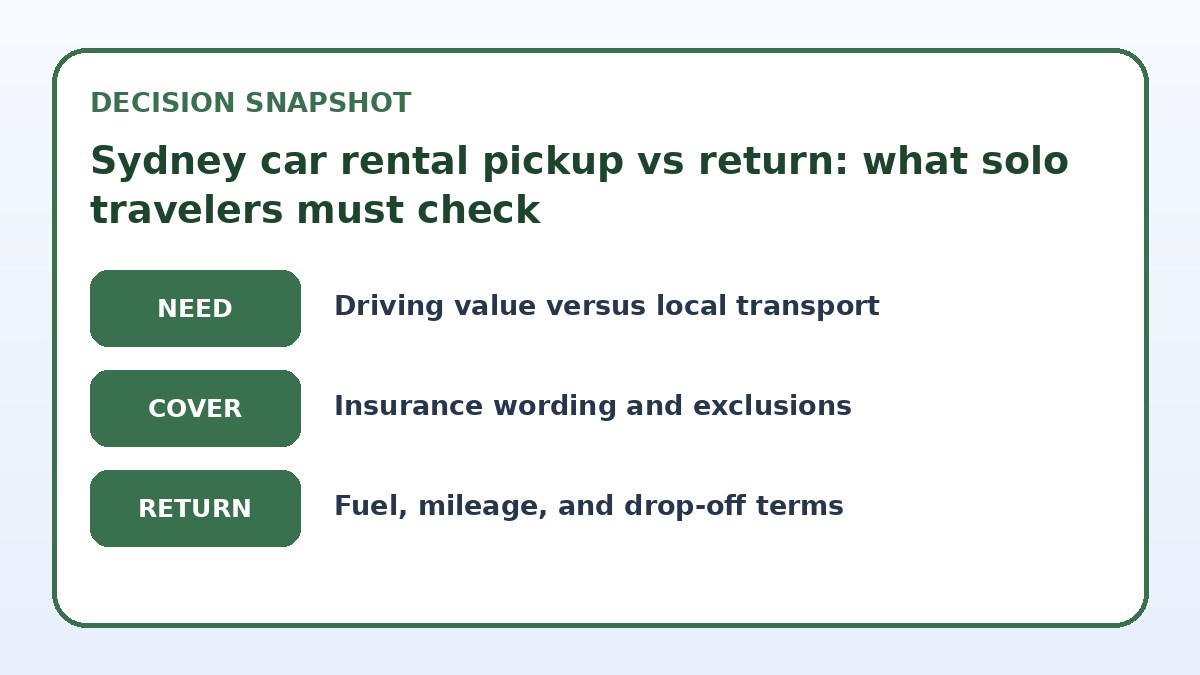 Decision guide for Sydney car rental pickup vs return: what solo travelers must check