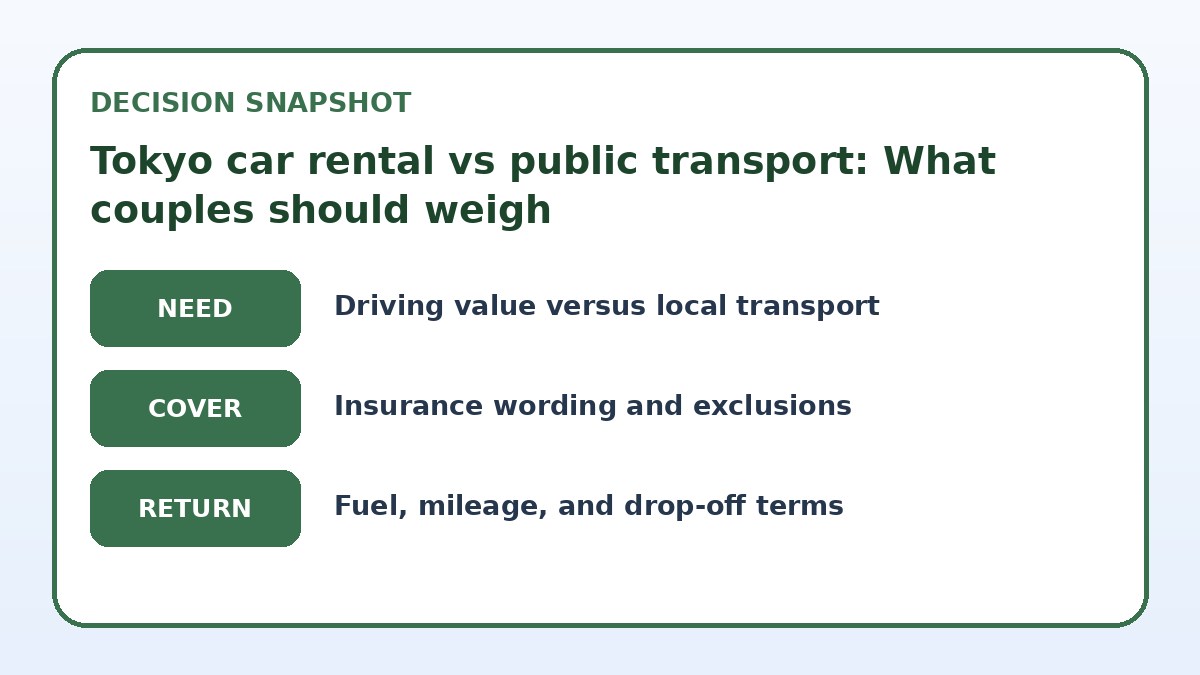 Decision guide for Tokyo car rental vs public transport: What couples should weigh