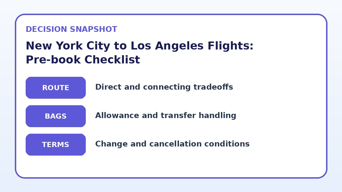 Decision guide for New York City to Los Angeles Flights: Pre-book Checklist