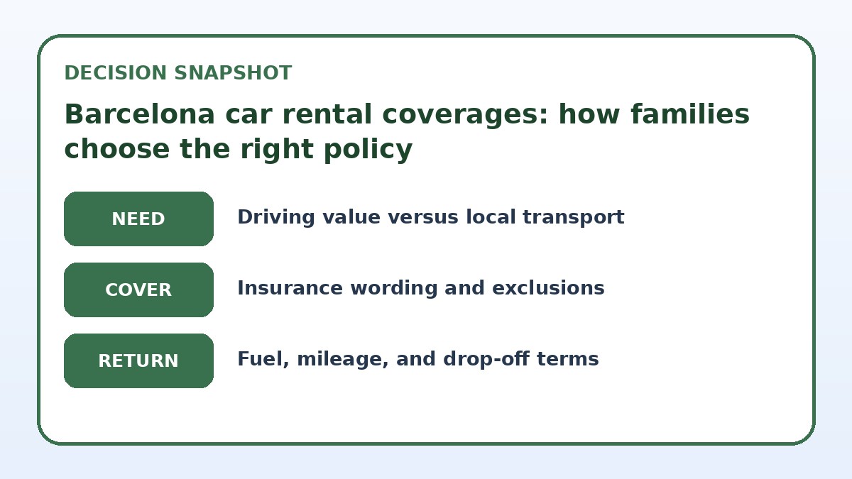 Decision guide for Barcelona car rental coverages: how families choose the right policy