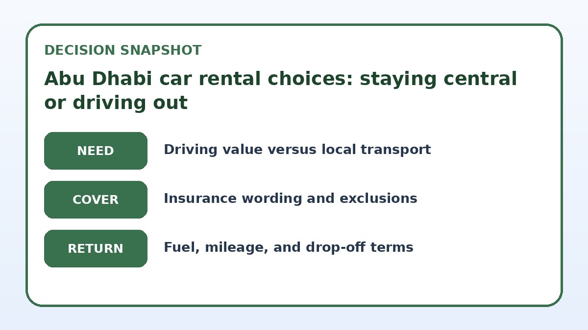 Decision guide for Abu Dhabi car rental choices: staying central or driving out