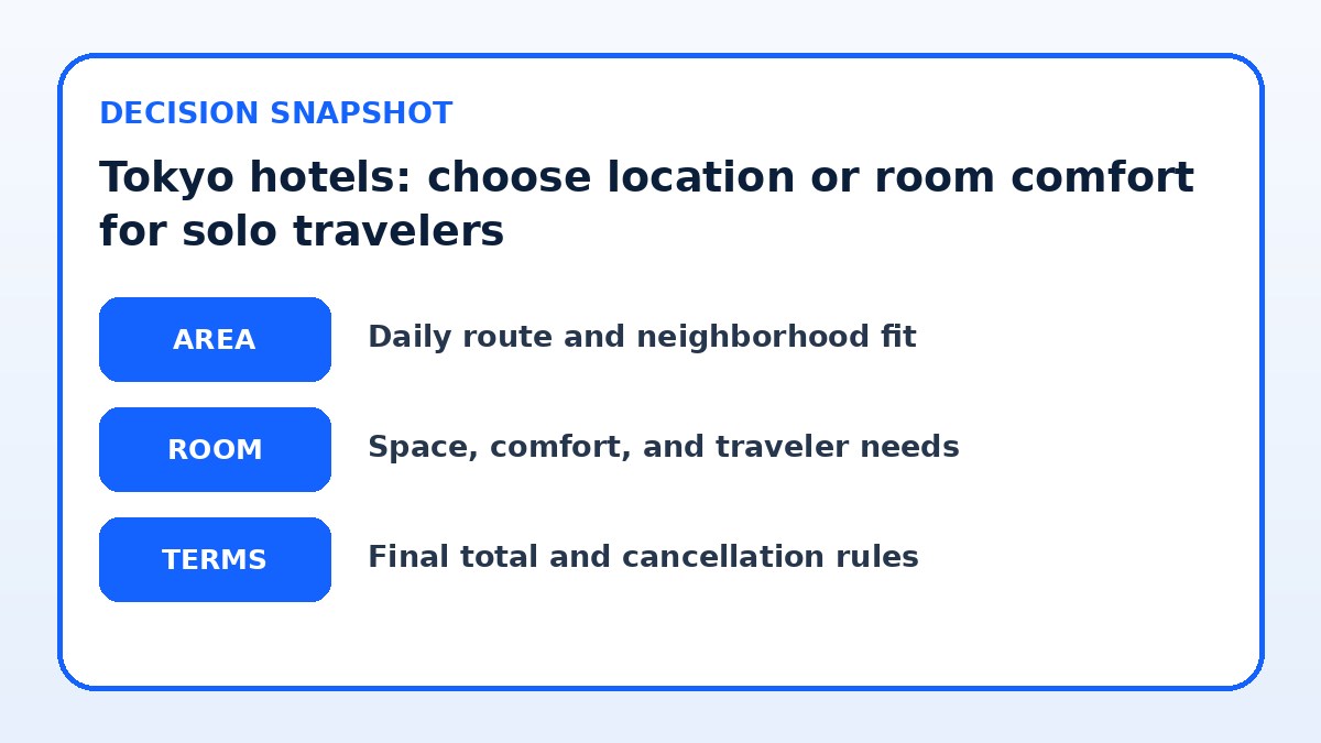Decision guide for Tokyo hotels: choose location or room comfort for solo travelers