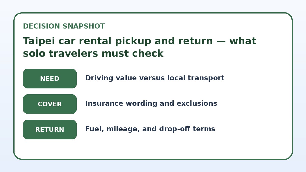 Decision guide for Taipei car rental pickup and return — what solo travelers must check