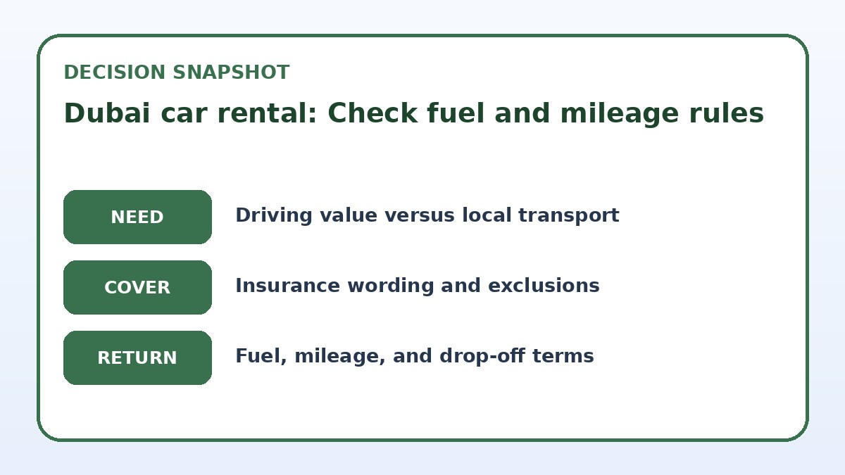 Decision guide for Dubai car rental: Check fuel and mileage rules