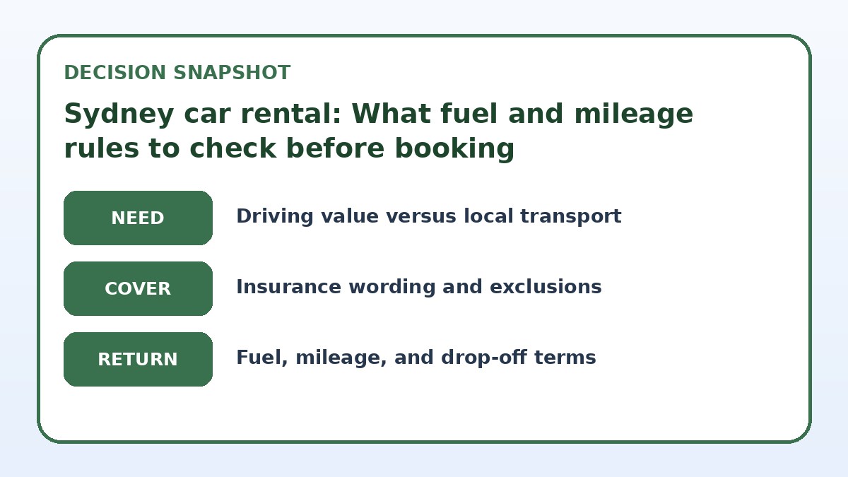 Decision guide for Sydney car rental: What fuel and mileage rules to check before booking