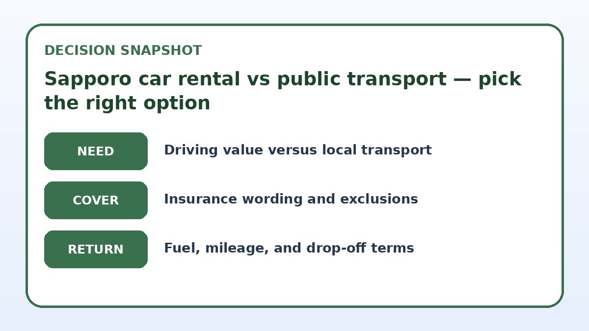 Decision guide for Sapporo car rental vs public transport — pick the right option