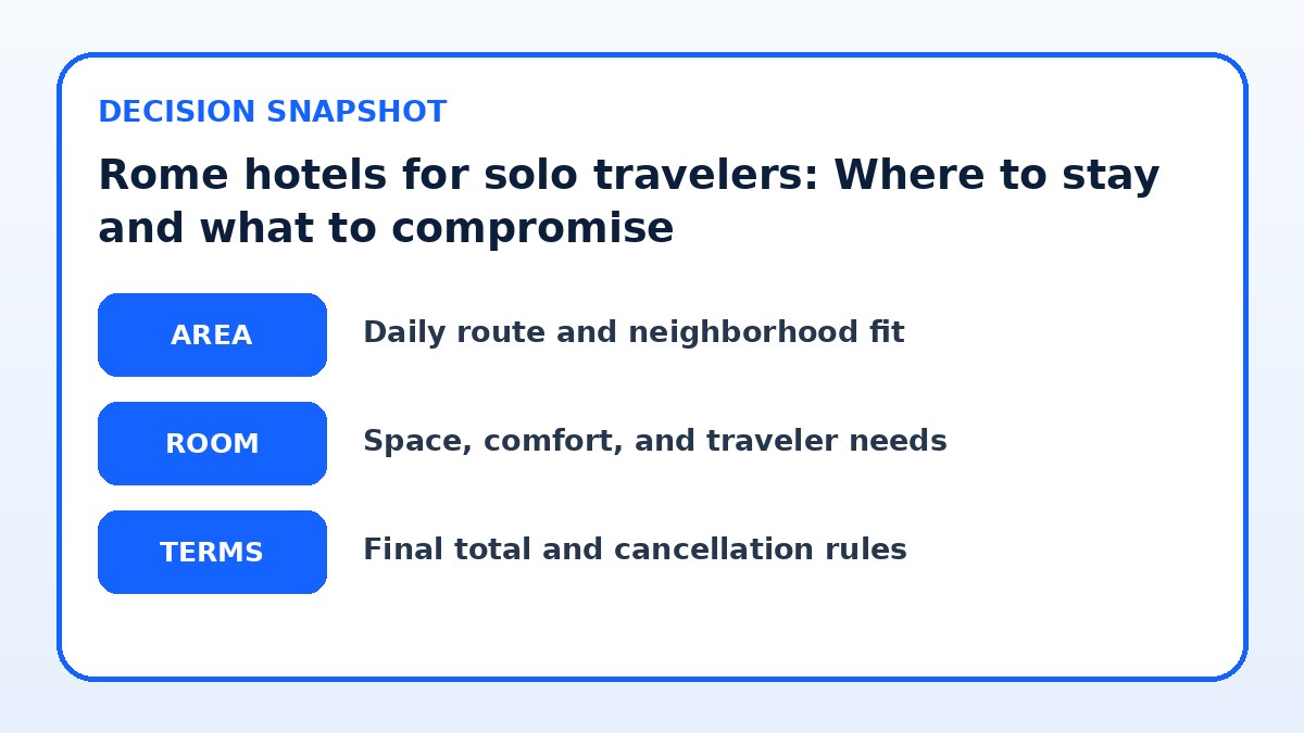 Decision guide for Rome hotels for solo travelers: Where to stay and what to compromise