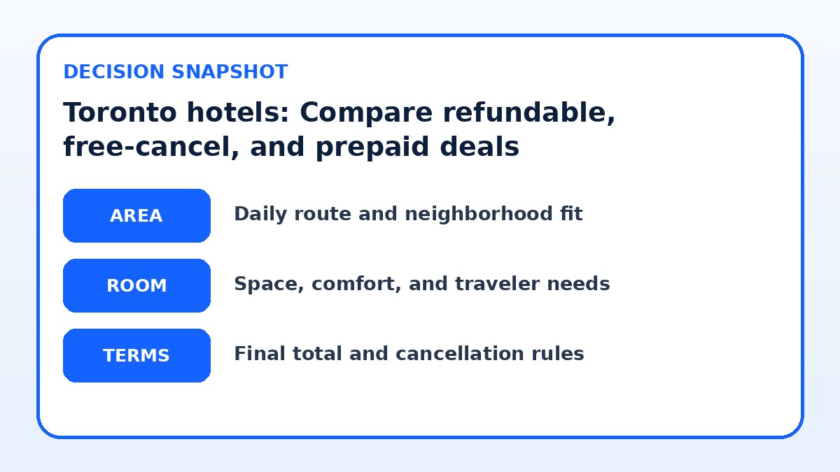 Decision guide for Toronto hotels: Compare refundable, free-cancel, and prepaid deals