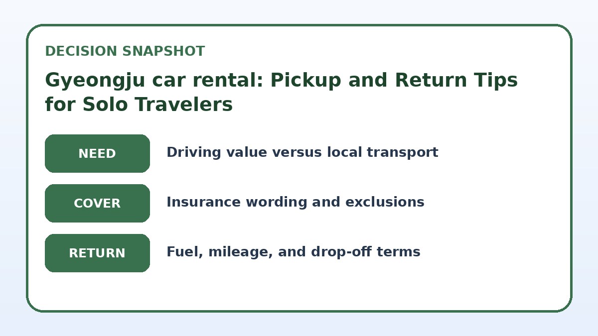 Decision guide for Gyeongju car rental: Pickup and Return Tips for Solo Travelers