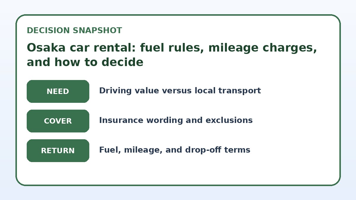 Decision guide for Osaka car rental: fuel rules, mileage charges, and how to decide