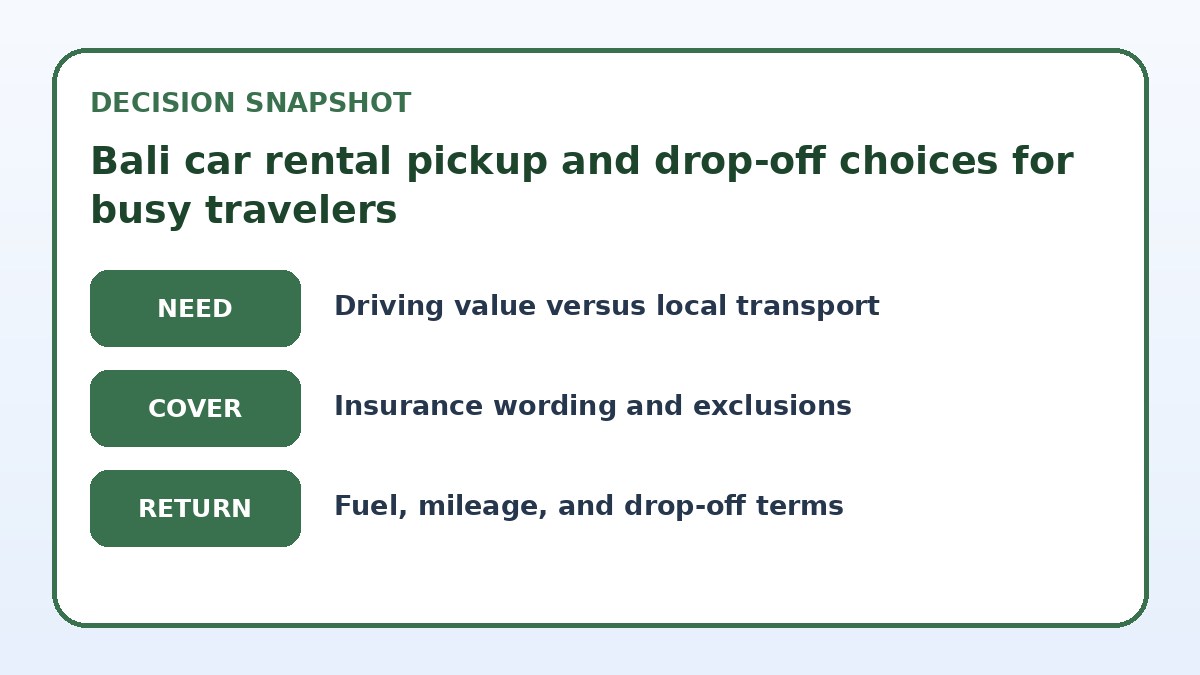 Decision guide for Bali car rental pickup and drop-off choices for busy travelers