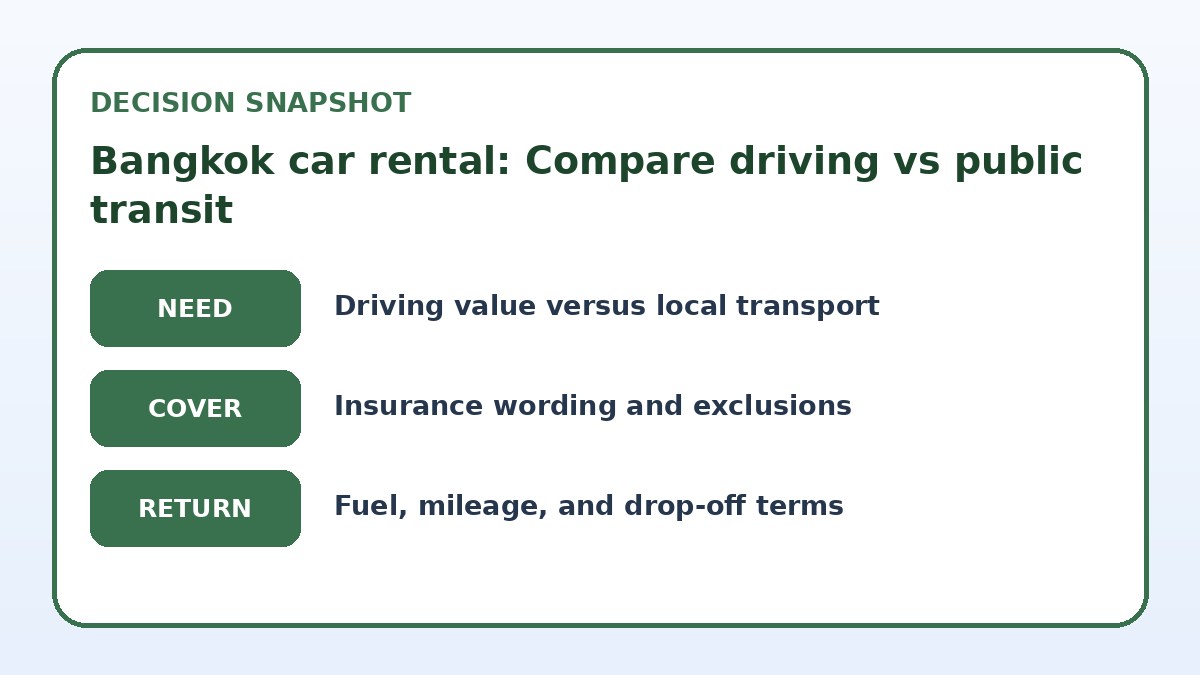 Decision guide for Bangkok car rental: Compare driving vs public transit