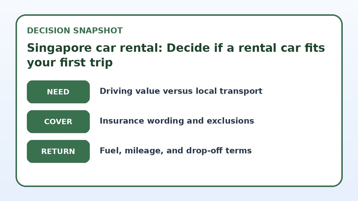 Decision guide for Singapore car rental: Decide if a rental car fits your first trip