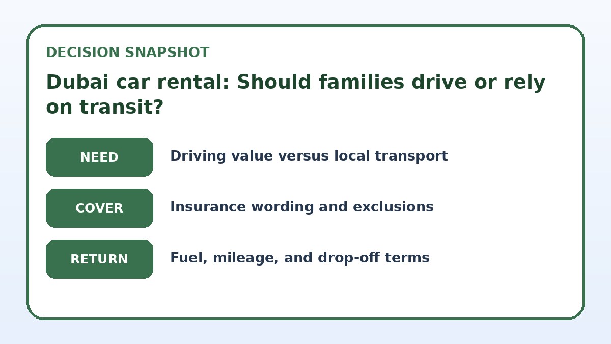 Decision guide for Dubai car rental: Should families drive or rely on transit?