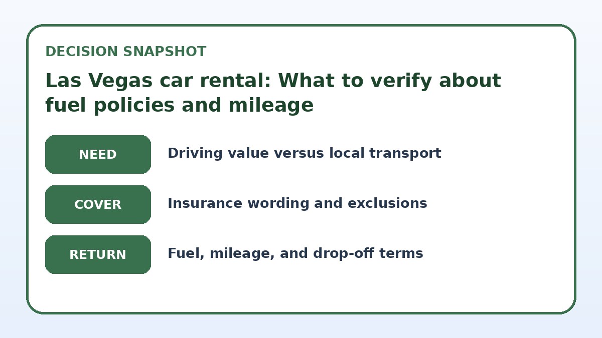 Decision guide for Las Vegas car rental: What to verify about fuel policies and mileage