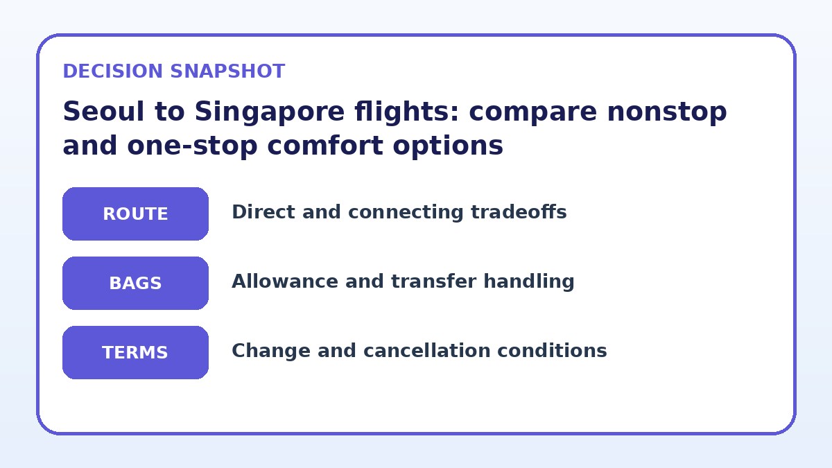 Decision guide for Seoul to Singapore flights: compare nonstop and one‑stop comfort options