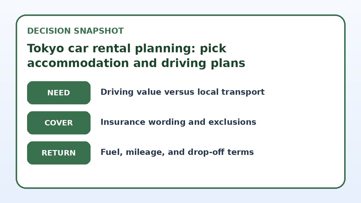 Decision guide for Tokyo car rental planning: pick accommodation and driving plans