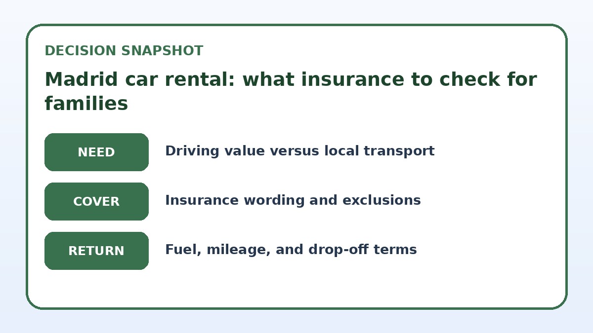 Decision guide for Madrid car rental: what insurance to check for families
