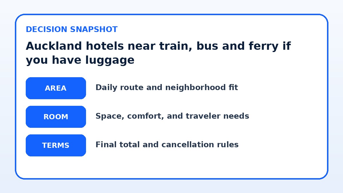 Decision guide for Auckland hotels near train, bus and ferry if you have luggage