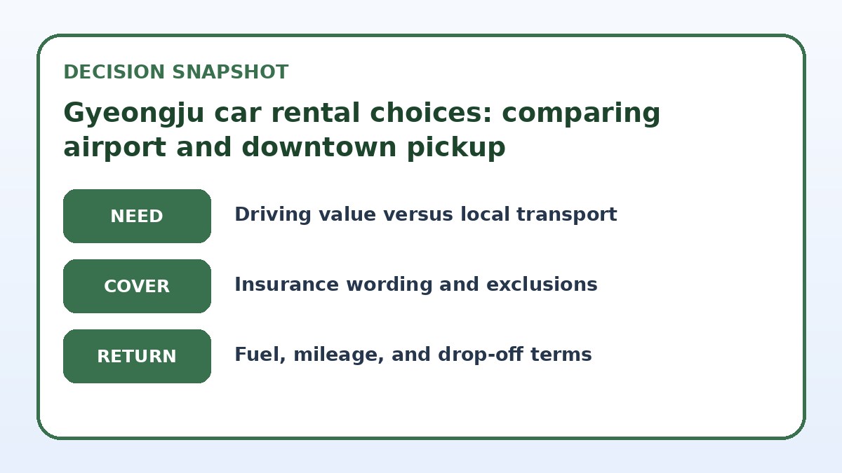 Decision guide for Gyeongju car rental choices: comparing airport and downtown pickup