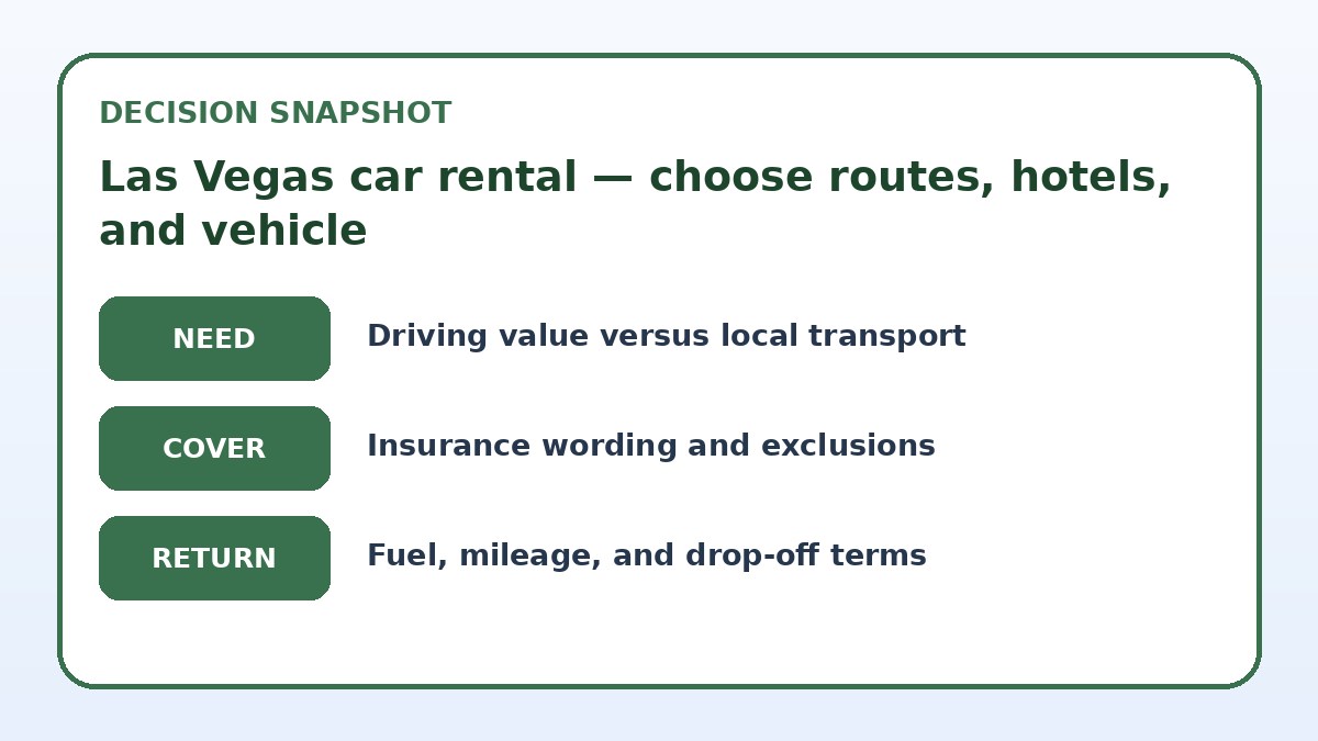 Decision guide for Las Vegas car rental — choose routes, hotels, and vehicle