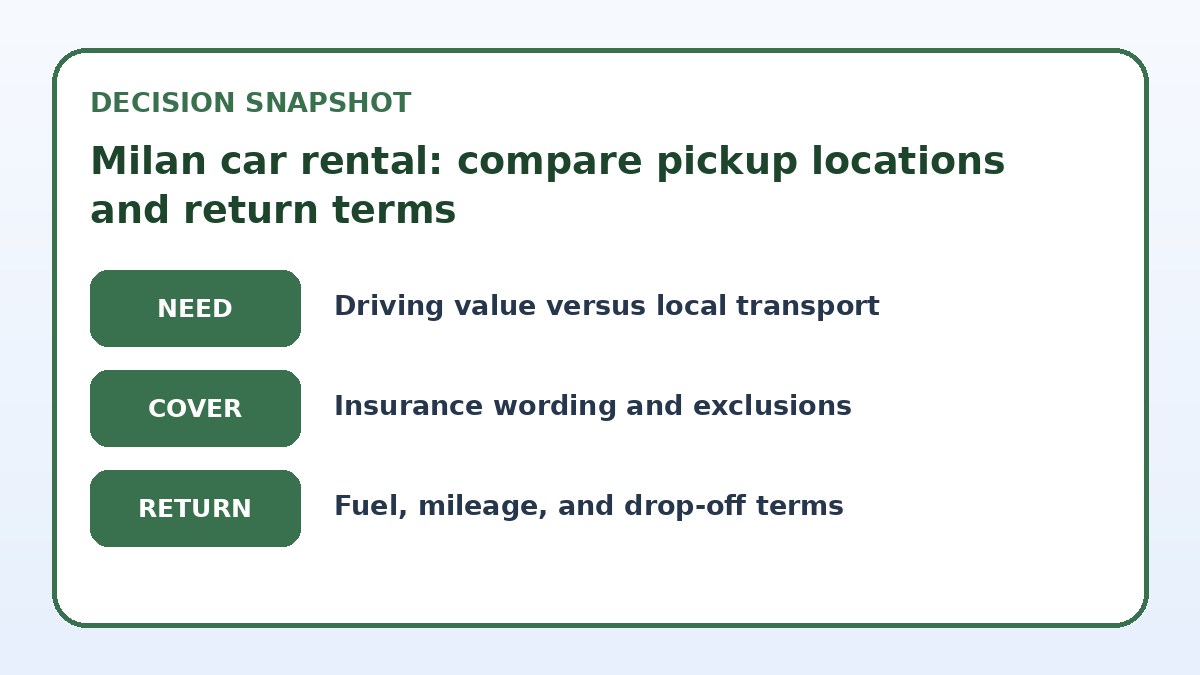 Decision guide for Milan car rental: compare pickup locations and return terms