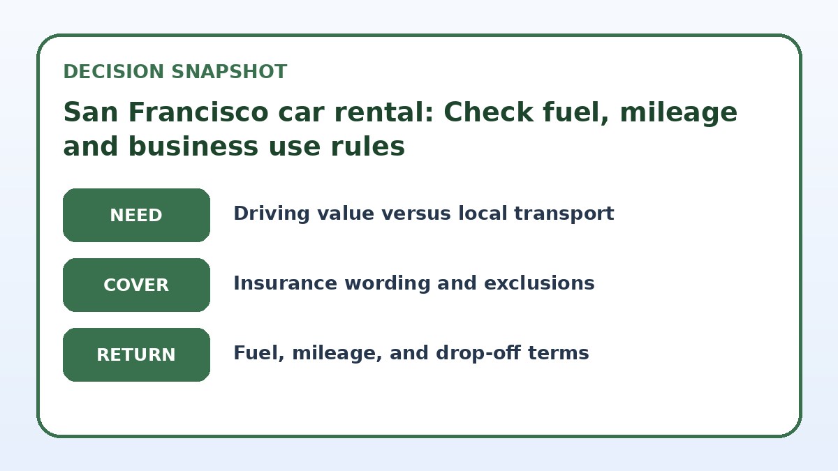Decision guide for San Francisco car rental: Check fuel, mileage and business use rules