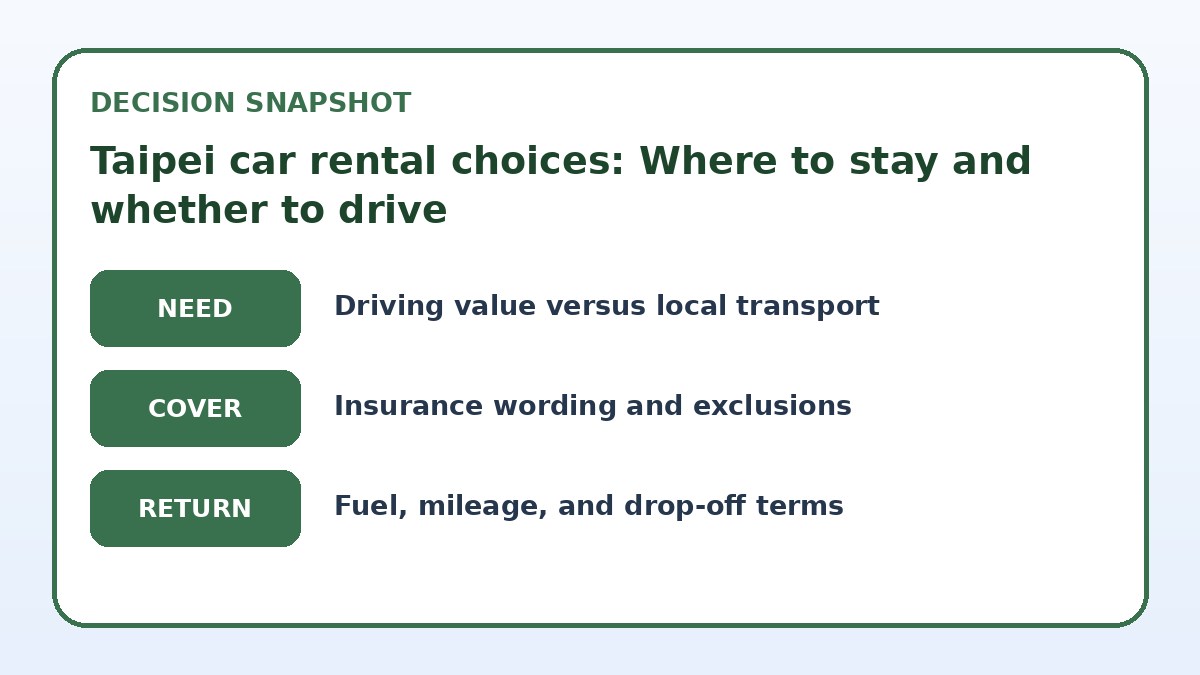 Decision guide for Taipei car rental choices: Where to stay and whether to drive