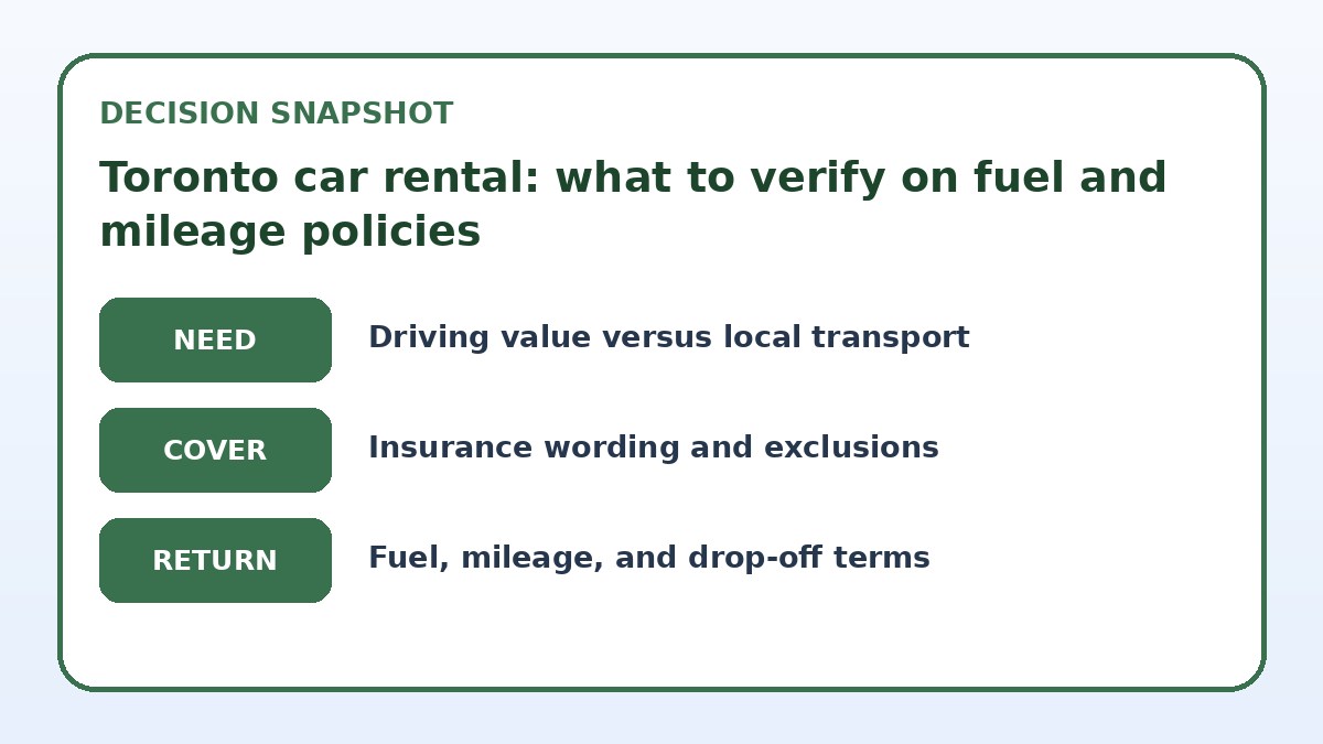 Decision guide for Toronto car rental: what to verify on fuel and mileage policies