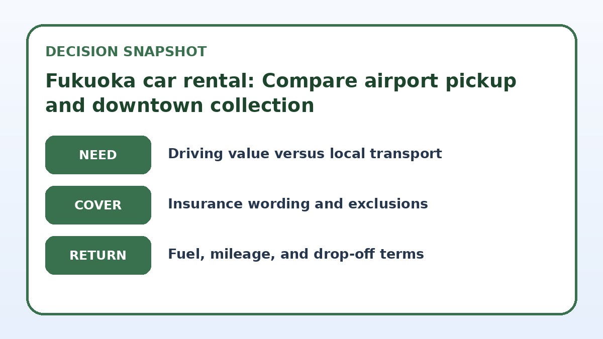 Decision guide for Fukuoka car rental: Compare airport pickup and downtown collection