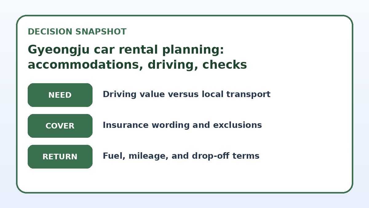 Decision guide for Gyeongju car rental planning: accommodations, driving, checks