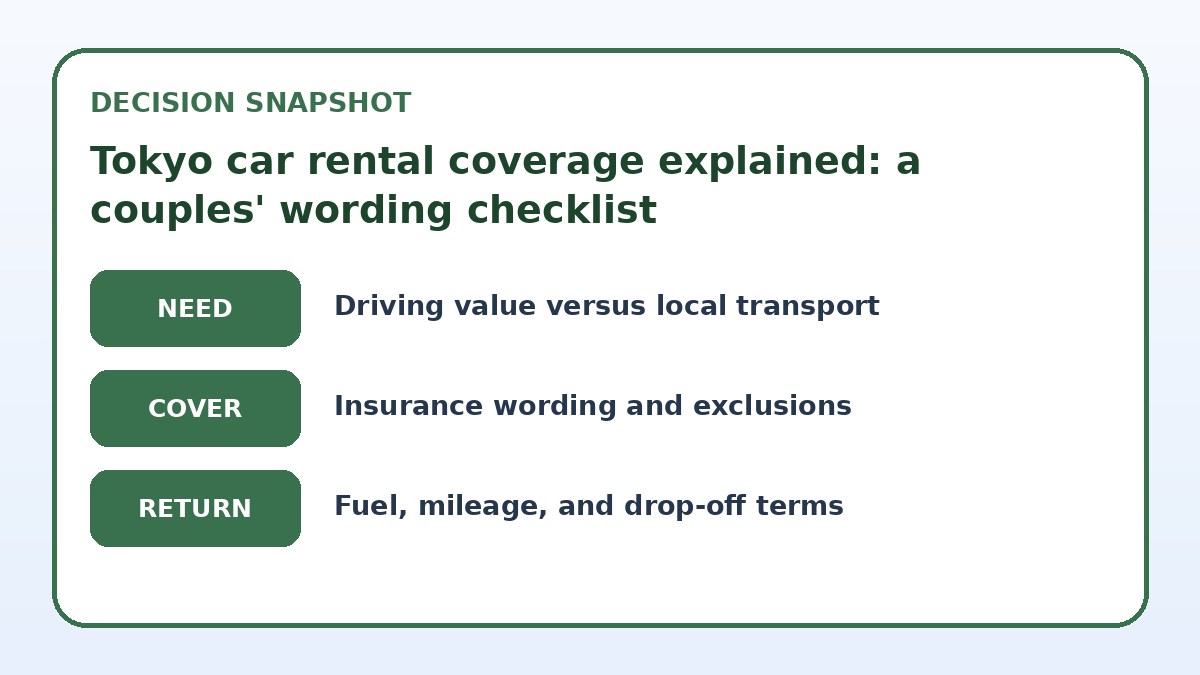 Decision guide for Tokyo car rental coverage explained: a couples' wording checklist
