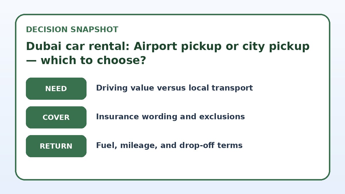 Decision guide for Dubai car rental: Airport pickup or city pickup — which to choose?